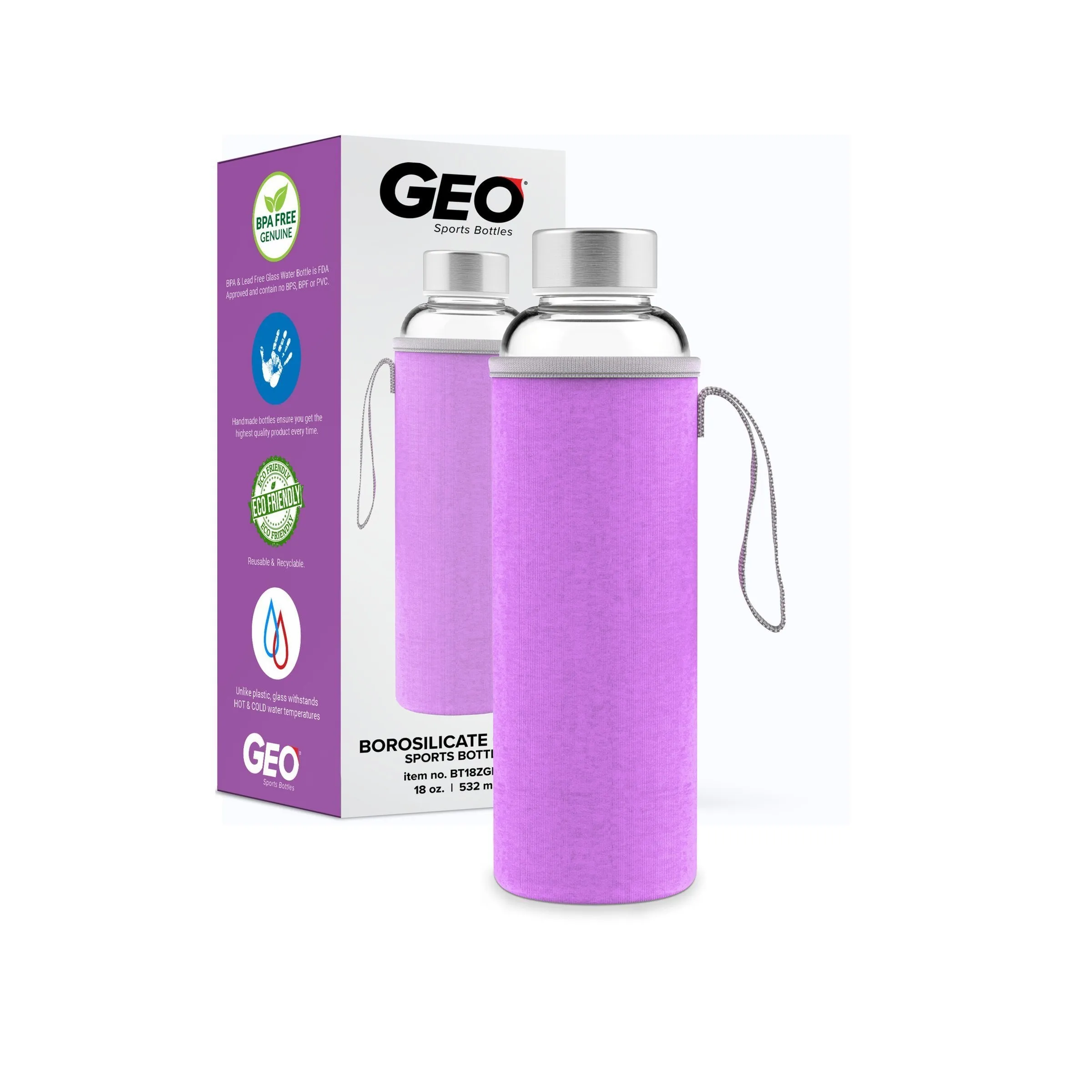 18 Ounce Glass Water Bottle, Sports Bottle, with Protective Sleeve, GEO