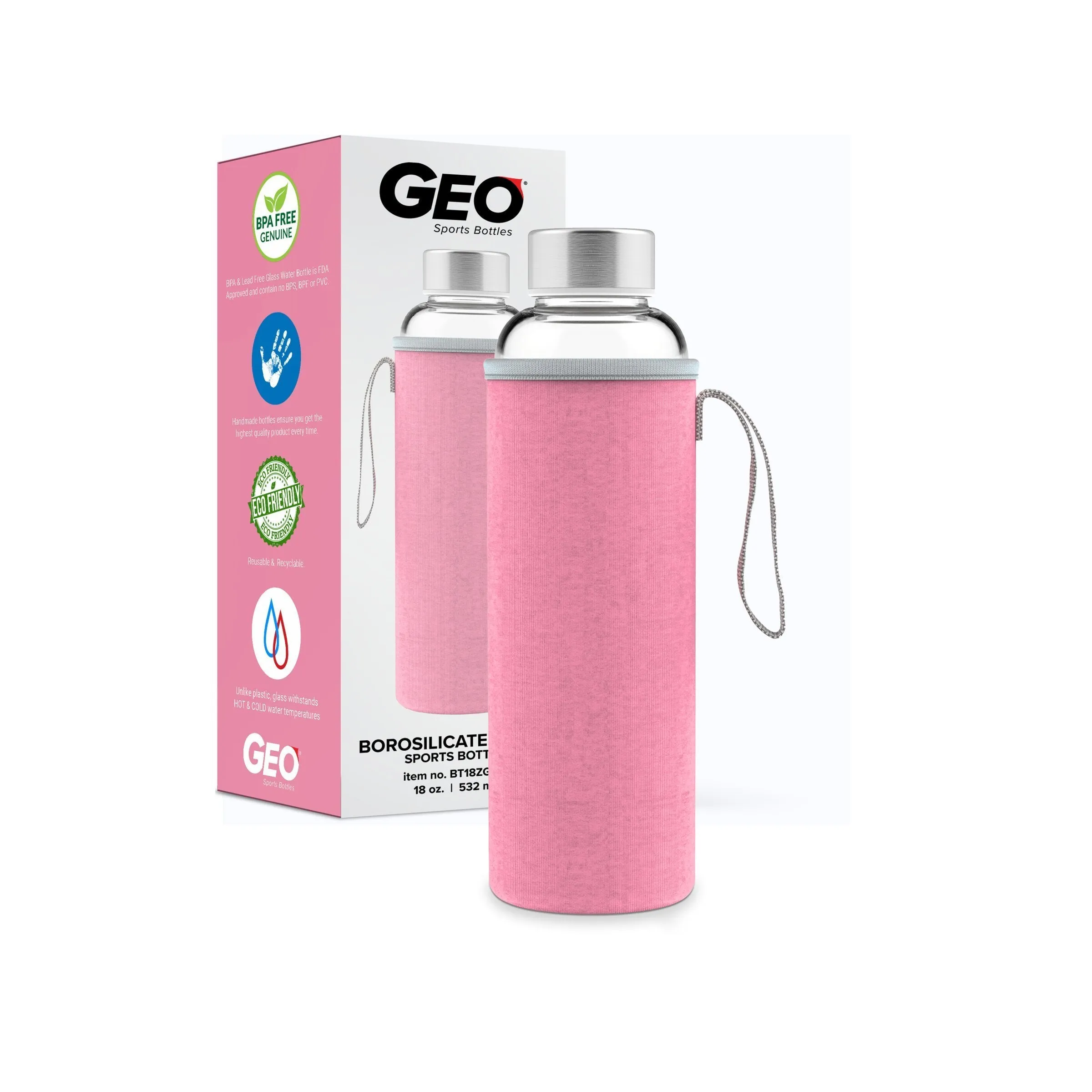 18 Ounce Glass Water Bottle, Sports Bottle, with Protective Sleeve, GEO