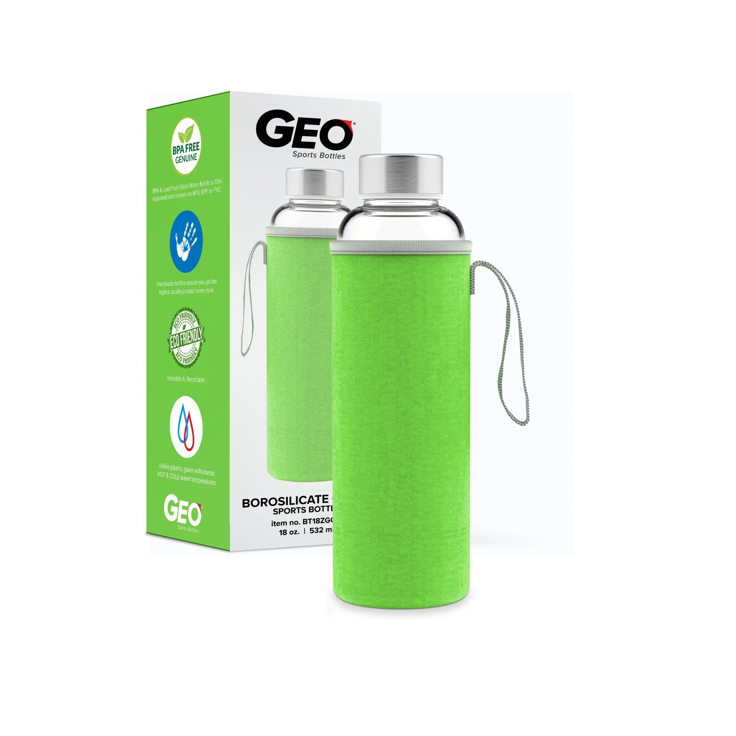 18 Ounce Glass Water Bottle, Sports Bottle, with Protective Sleeve, GEO