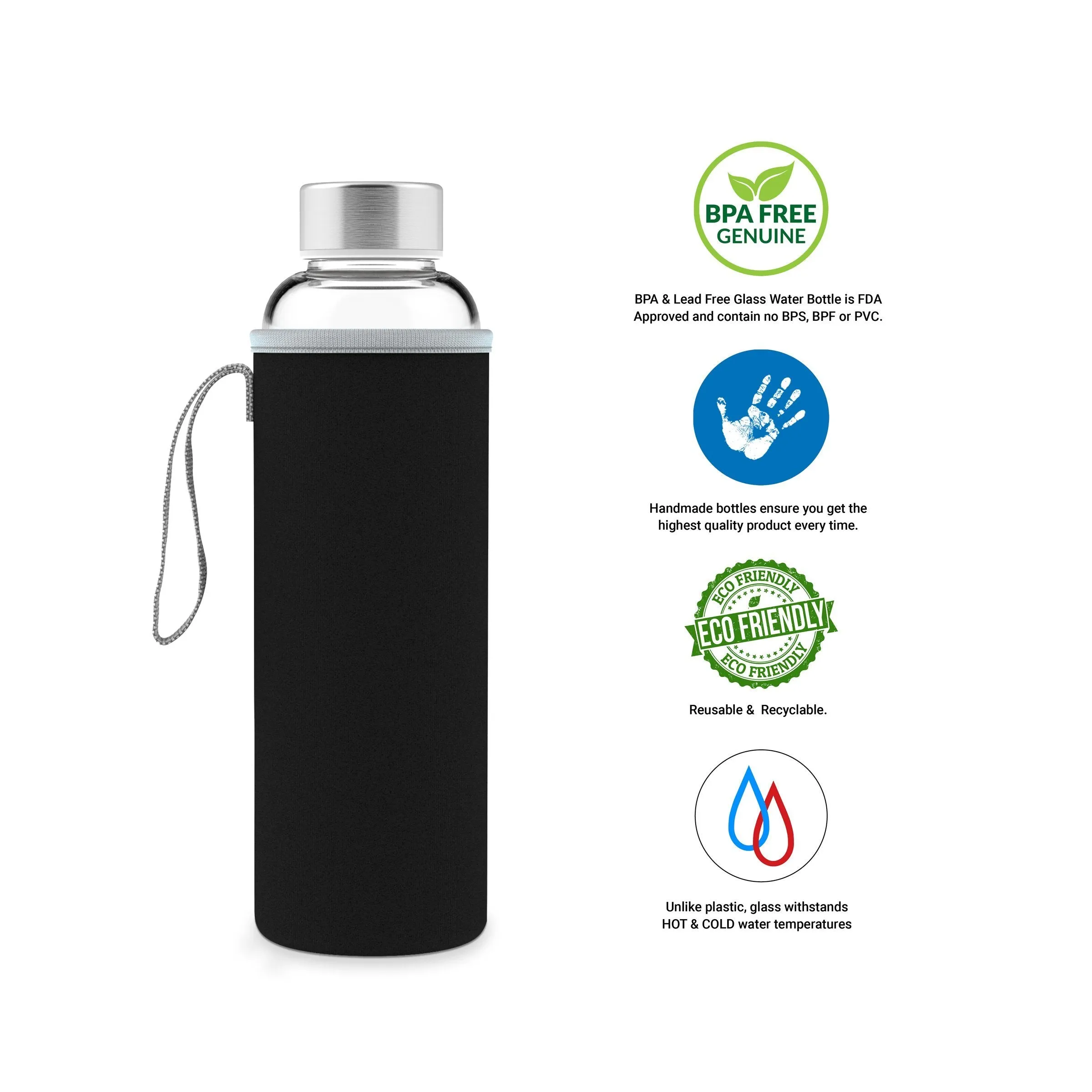 18 Ounce Glass Water Bottle, Sports Bottle, with Protective Sleeve, GEO