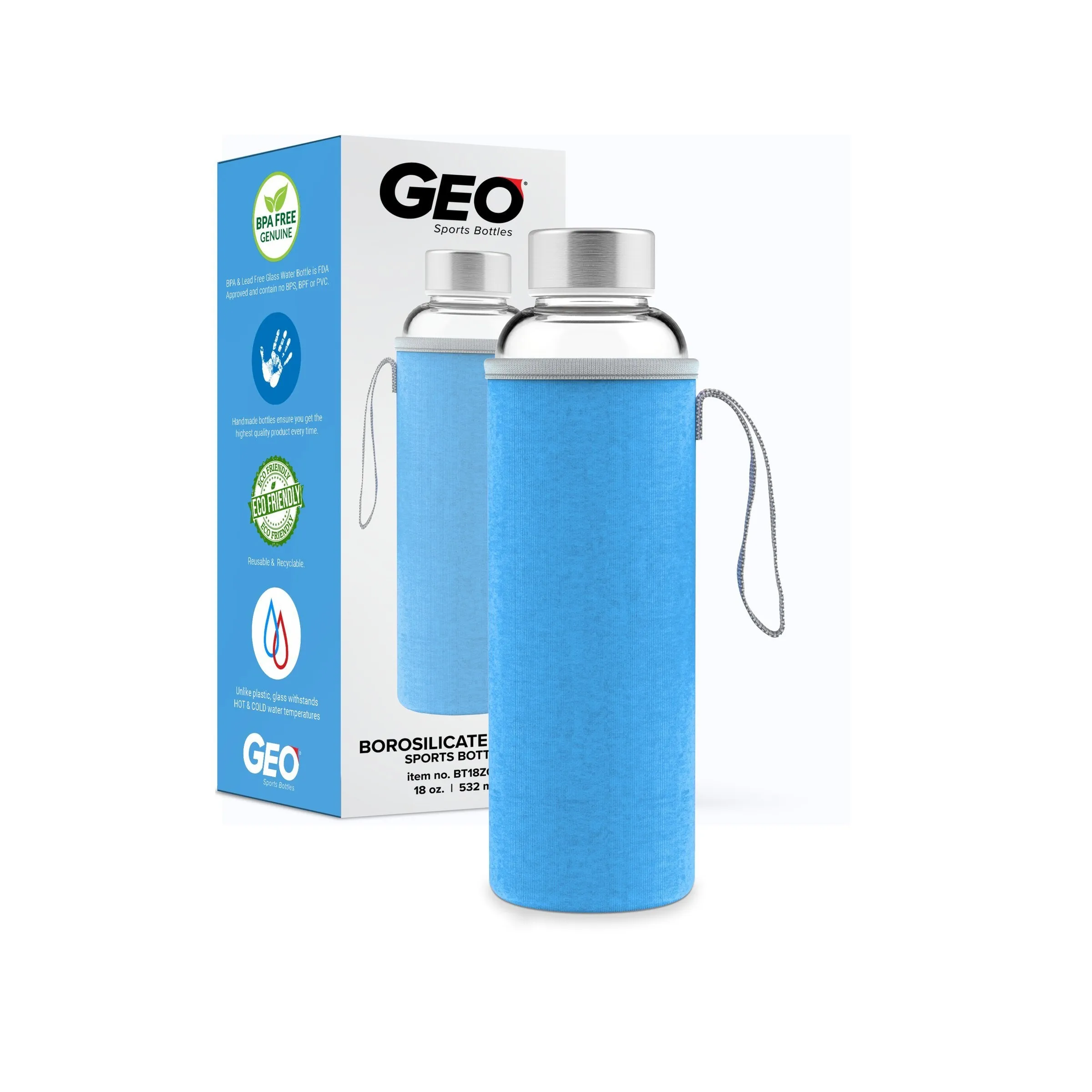 18 Ounce Glass Water Bottle, Sports Bottle, with Protective Sleeve, GEO