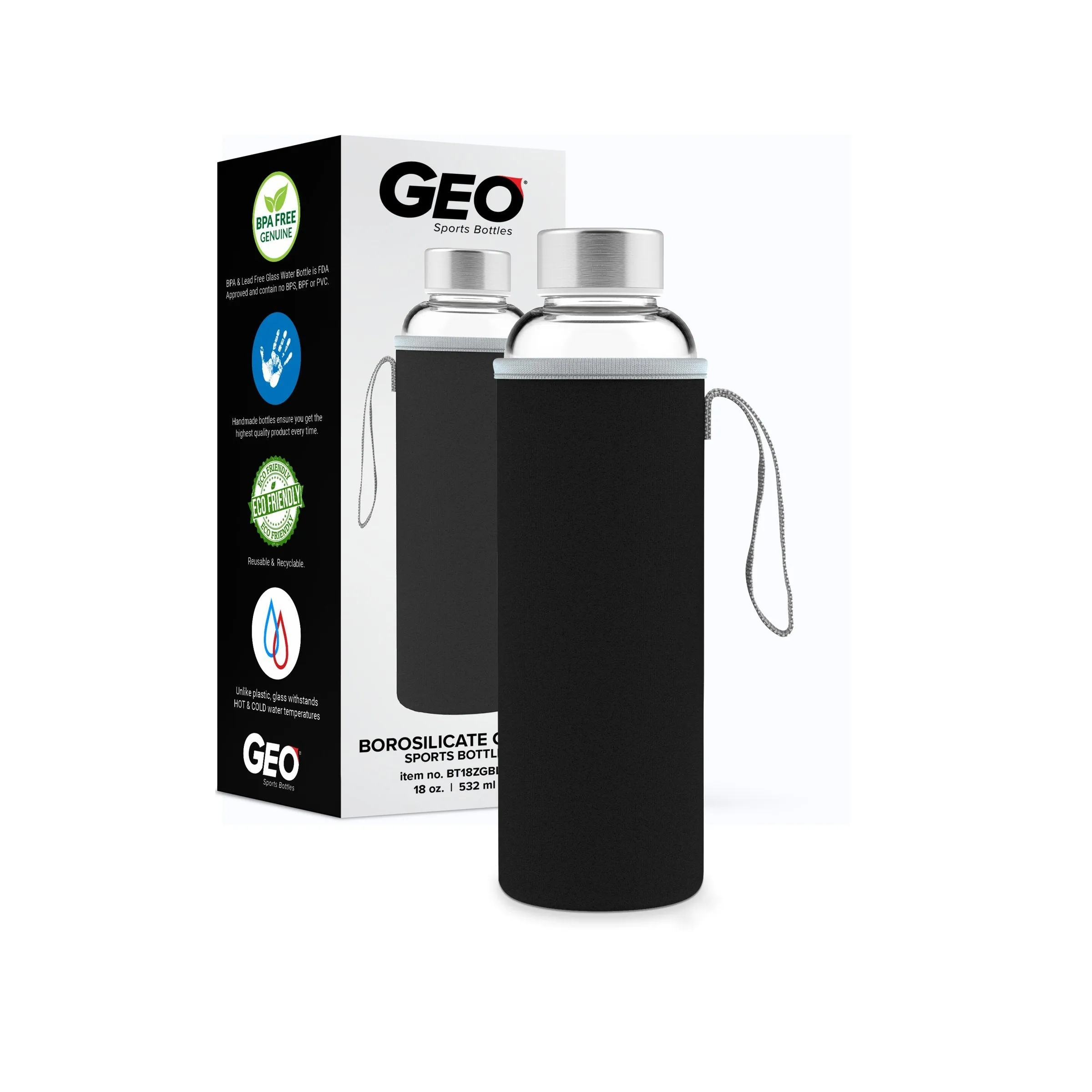 18 Ounce Glass Water Bottle, Sports Bottle, with Protective Sleeve, GEO