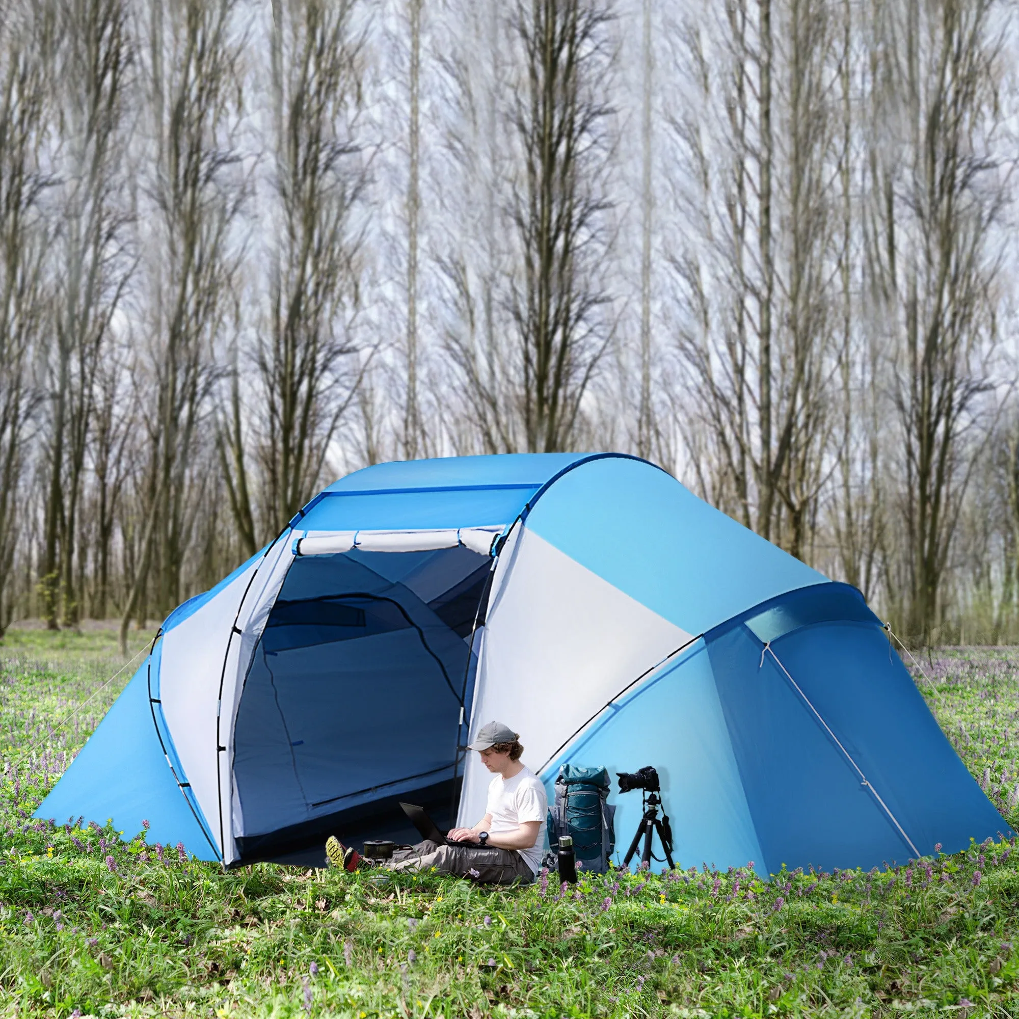 4-6 Man Camping Tent w/ Two Bedroom, Hiking Sun Shelter, UV Protection Tunnel Tent, Blue and White