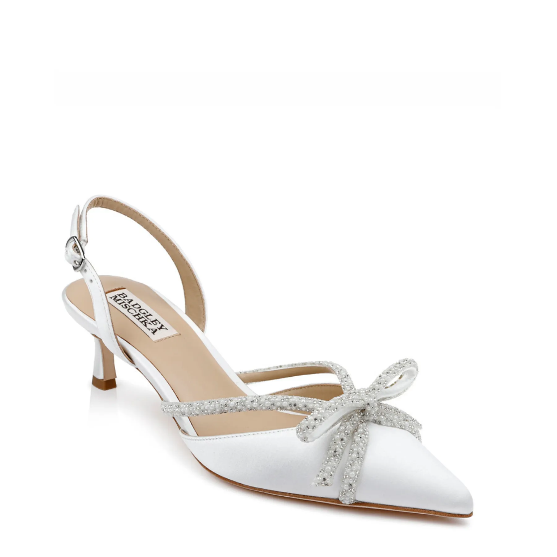 Angelina - Slingback Kitten Heel With Pearl & Crystal Bow - White