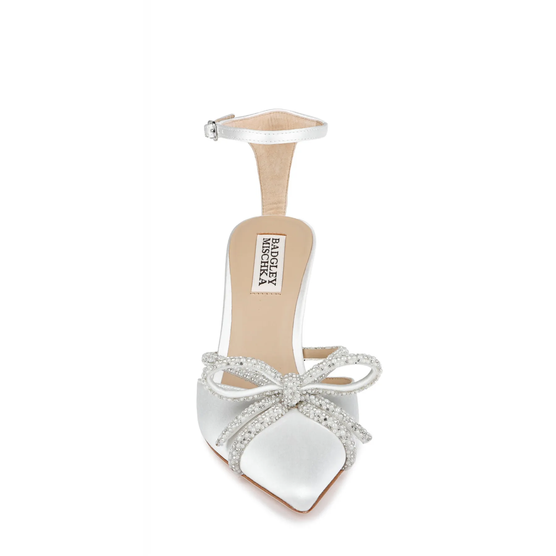 Ann - Pointed Toe Flared Heel With Pearl & Crystal Bow - White