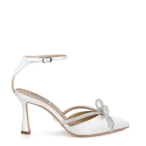 Ann - Pointed Toe Flared Heel With Pearl & Crystal Bow - White