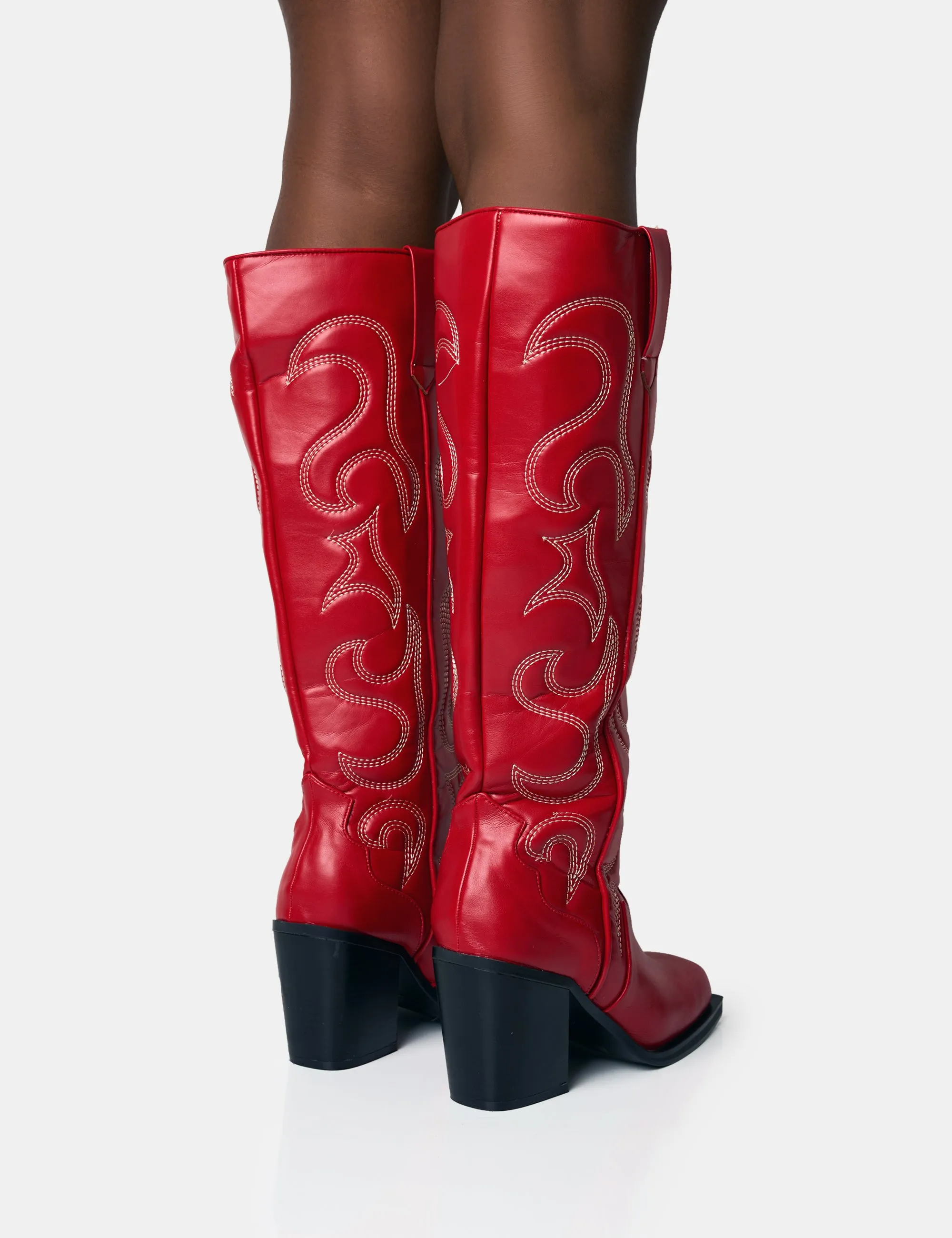 Austine Red Western Block Heel Knee High Boots