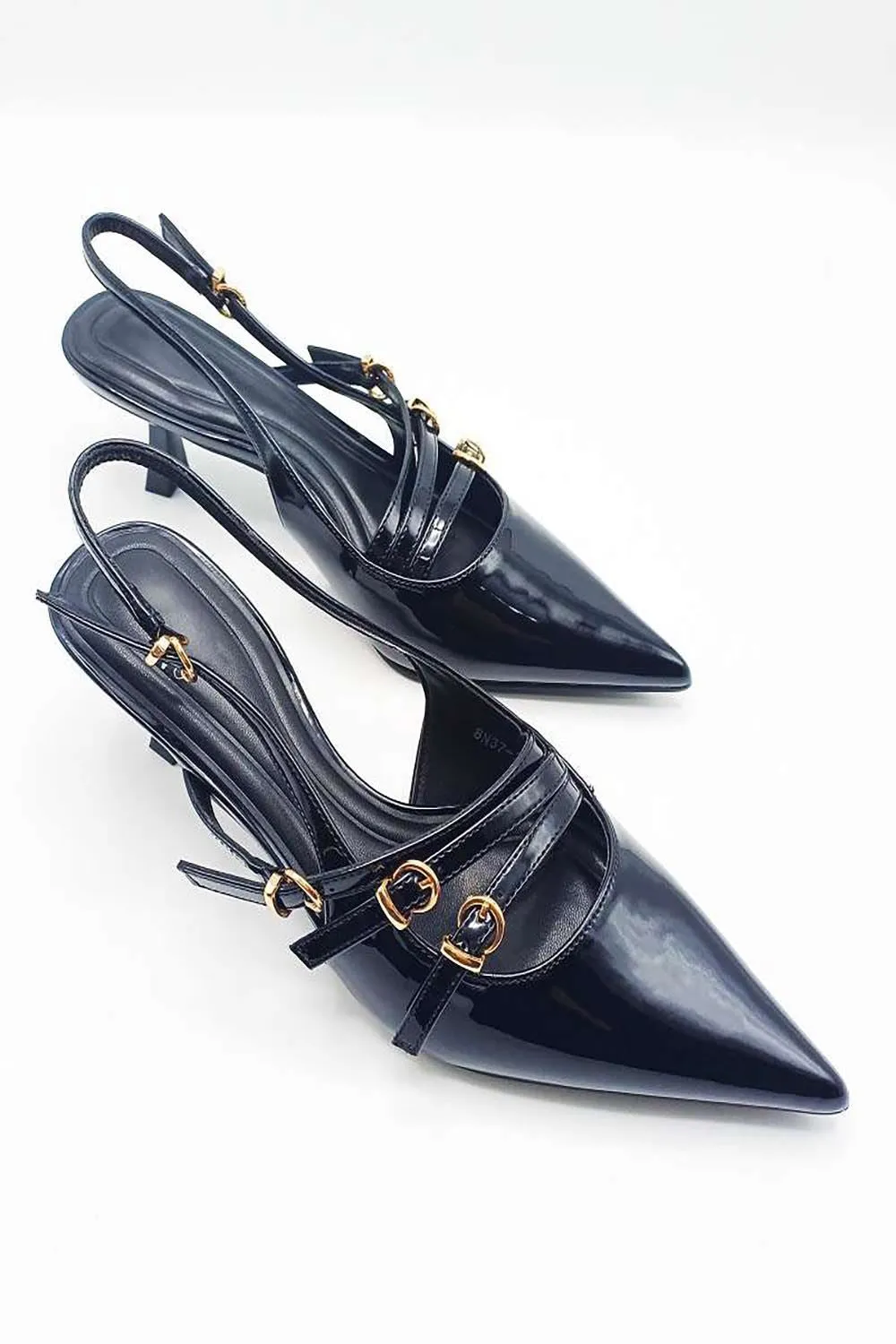 Azzura Pointed Toe 3 Strap Buckle Detail Slingback Court Shoes in Black