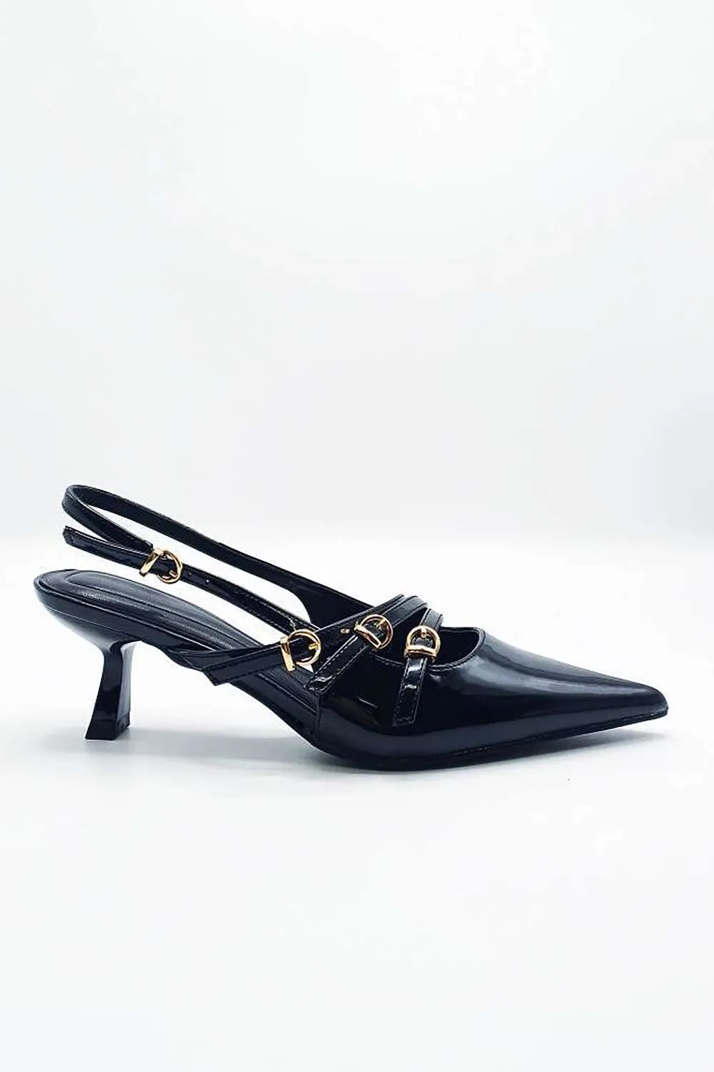 Azzura Pointed Toe 3 Strap Buckle Detail Slingback Court Shoes in Black