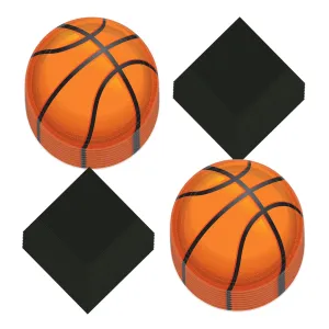 Basketball Party Large Round Paper Dinner Plates and Solid Black Lunch Napkins (Serves 18)