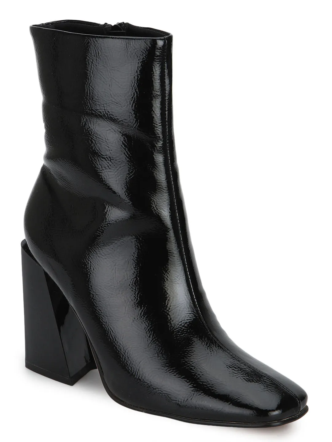 Black Pat Block Heel Ankle Boots