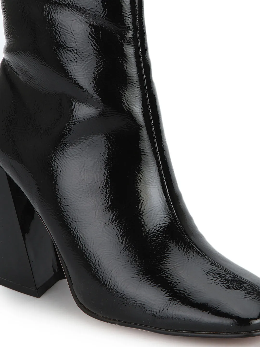 Black Pat Block Heel Ankle Boots