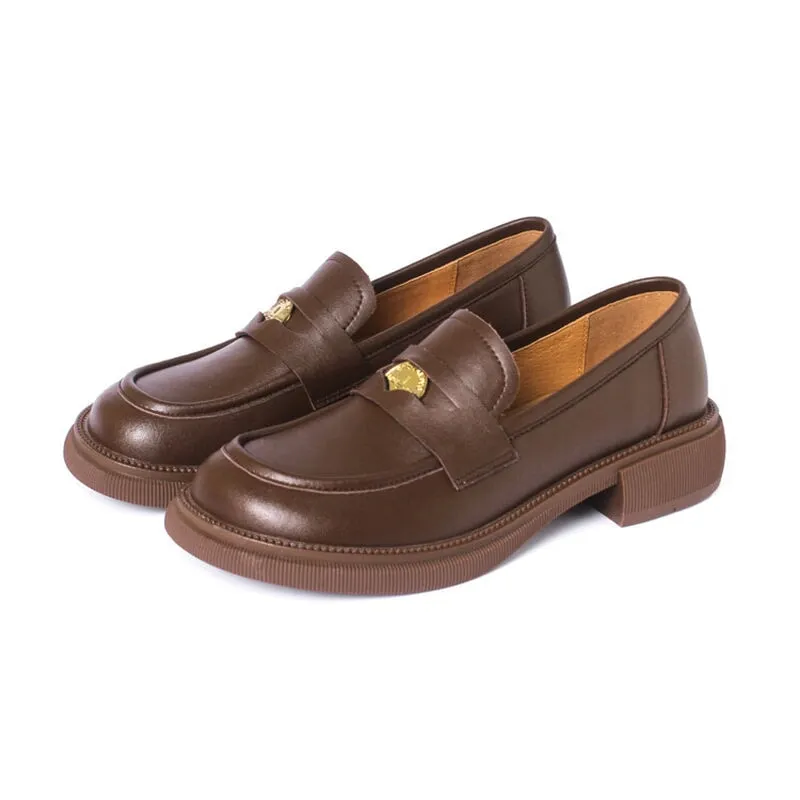 Block Heel Round Toe Leather Penny Loafers for Women in Brown/Black