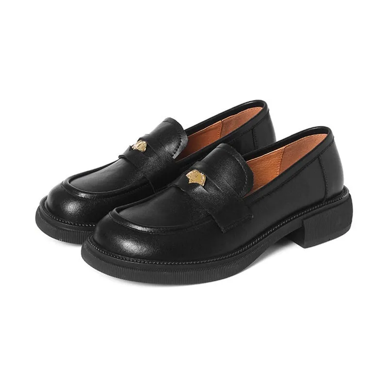 Block Heel Round Toe Leather Penny Loafers for Women in Brown/Black