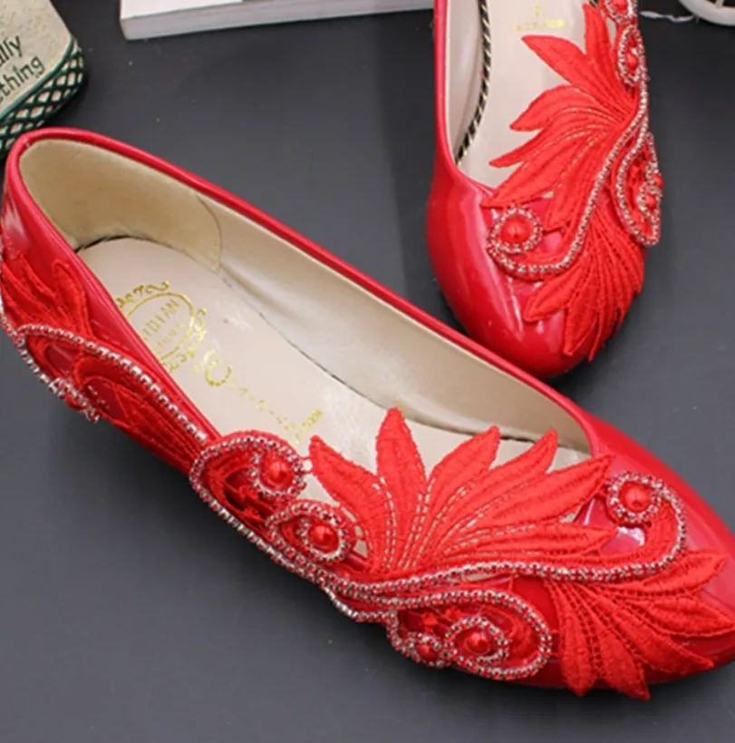 Bridal Red Flat Wedding Shoes Chinese Style