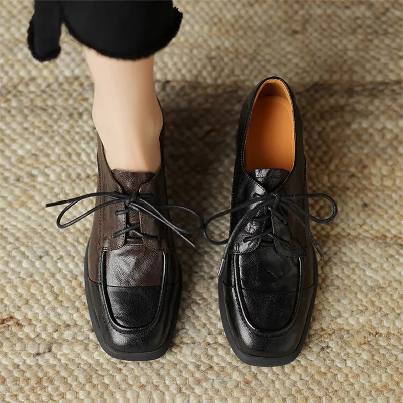 British Style Sheepskin Oxfords & Tie Shoes For Women Block Heels in Coffee/Black