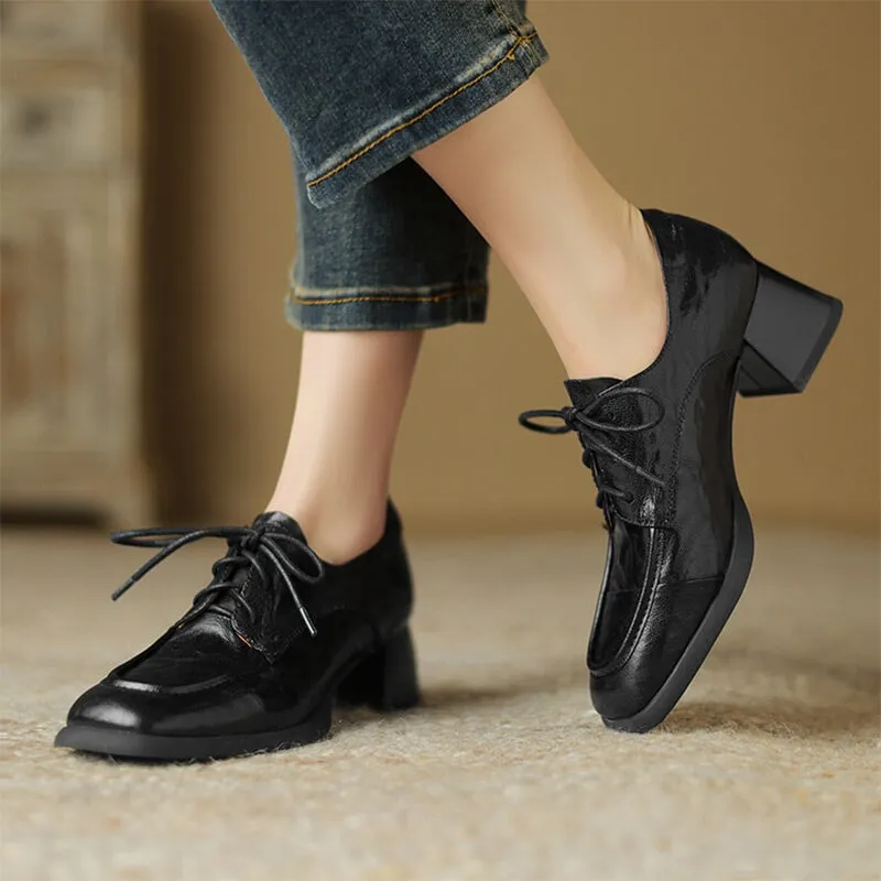 British Style Sheepskin Oxfords & Tie Shoes For Women Block Heels in Coffee/Black