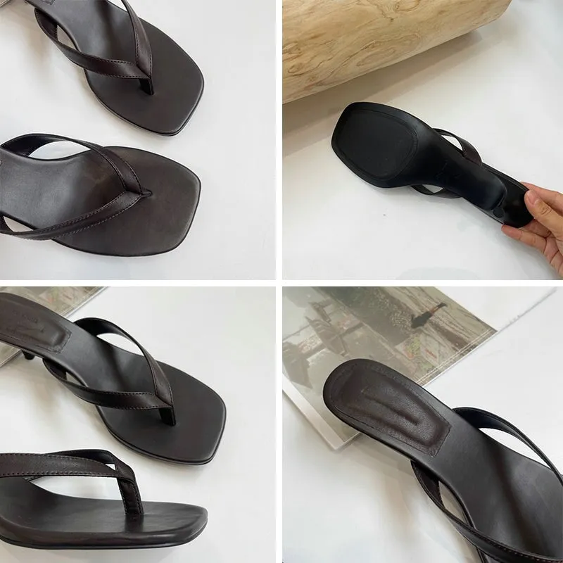 Calfskin 45mm Kitty Heel Flip-flops Slippers in Black/Coffee