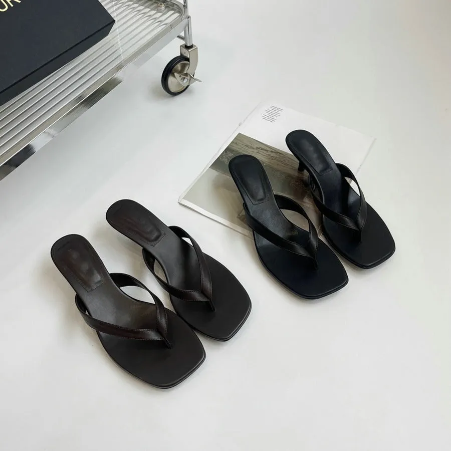 Calfskin 45mm Kitty Heel Flip-flops Slippers in Black/Coffee