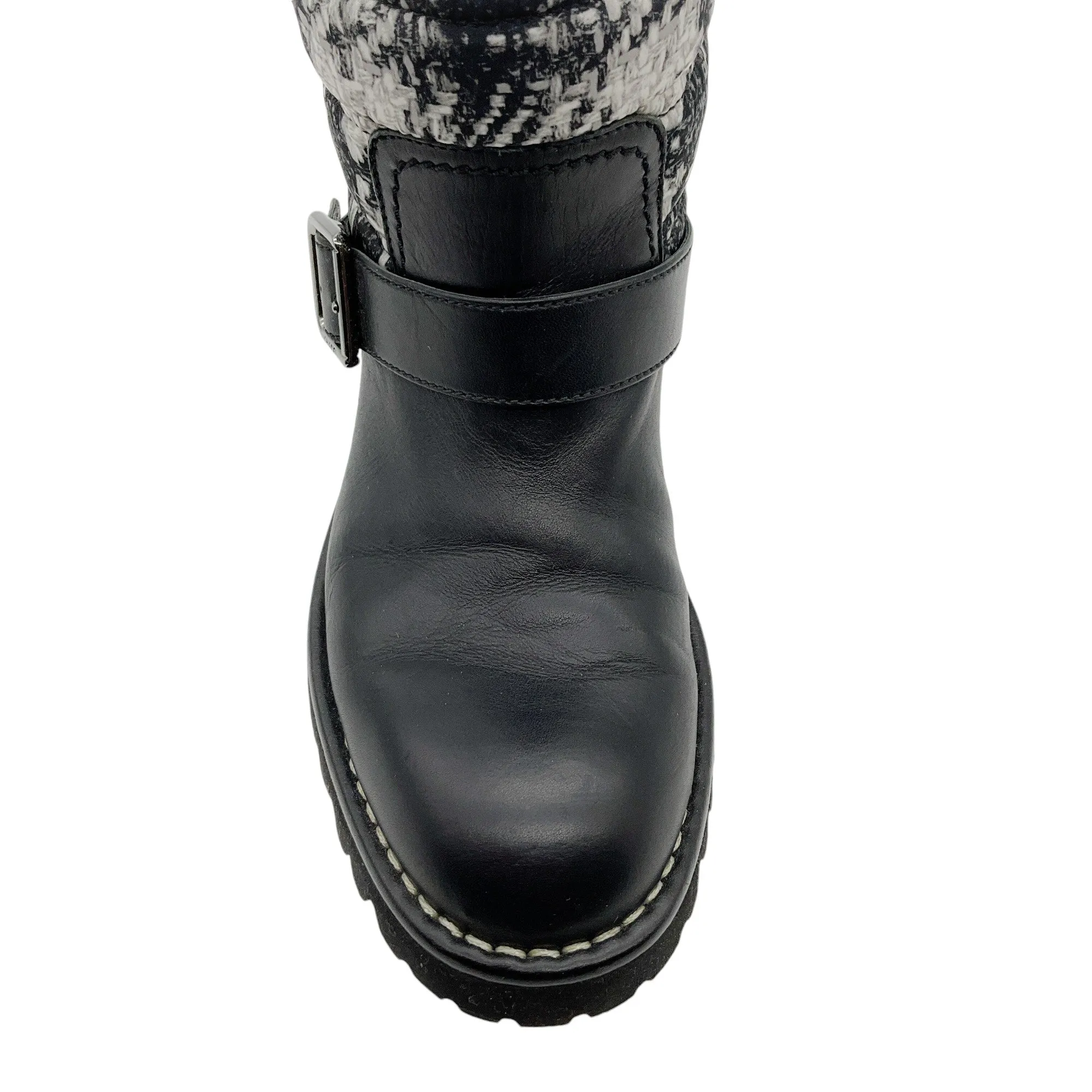 Chanel Black Leather and Tweed Printed Boots