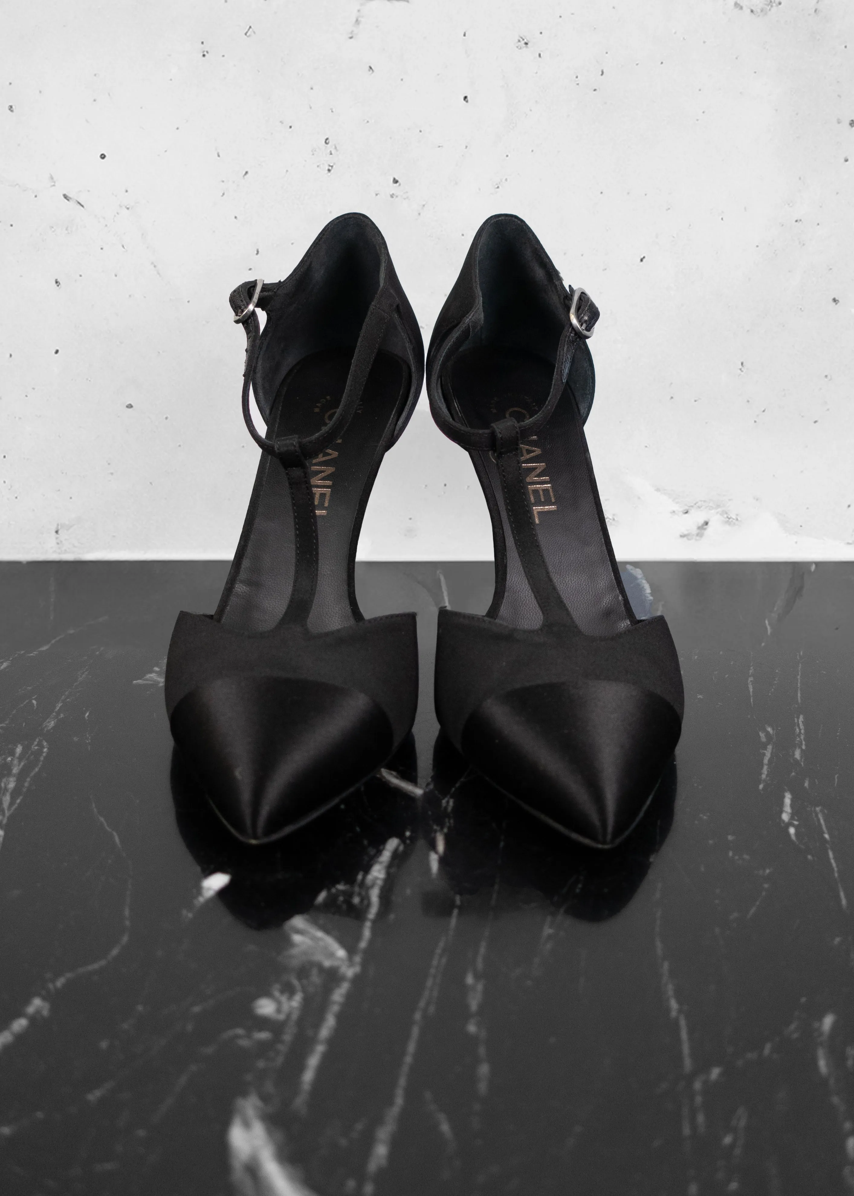 Chanel Black Satin Cap Toe T Strap Pump