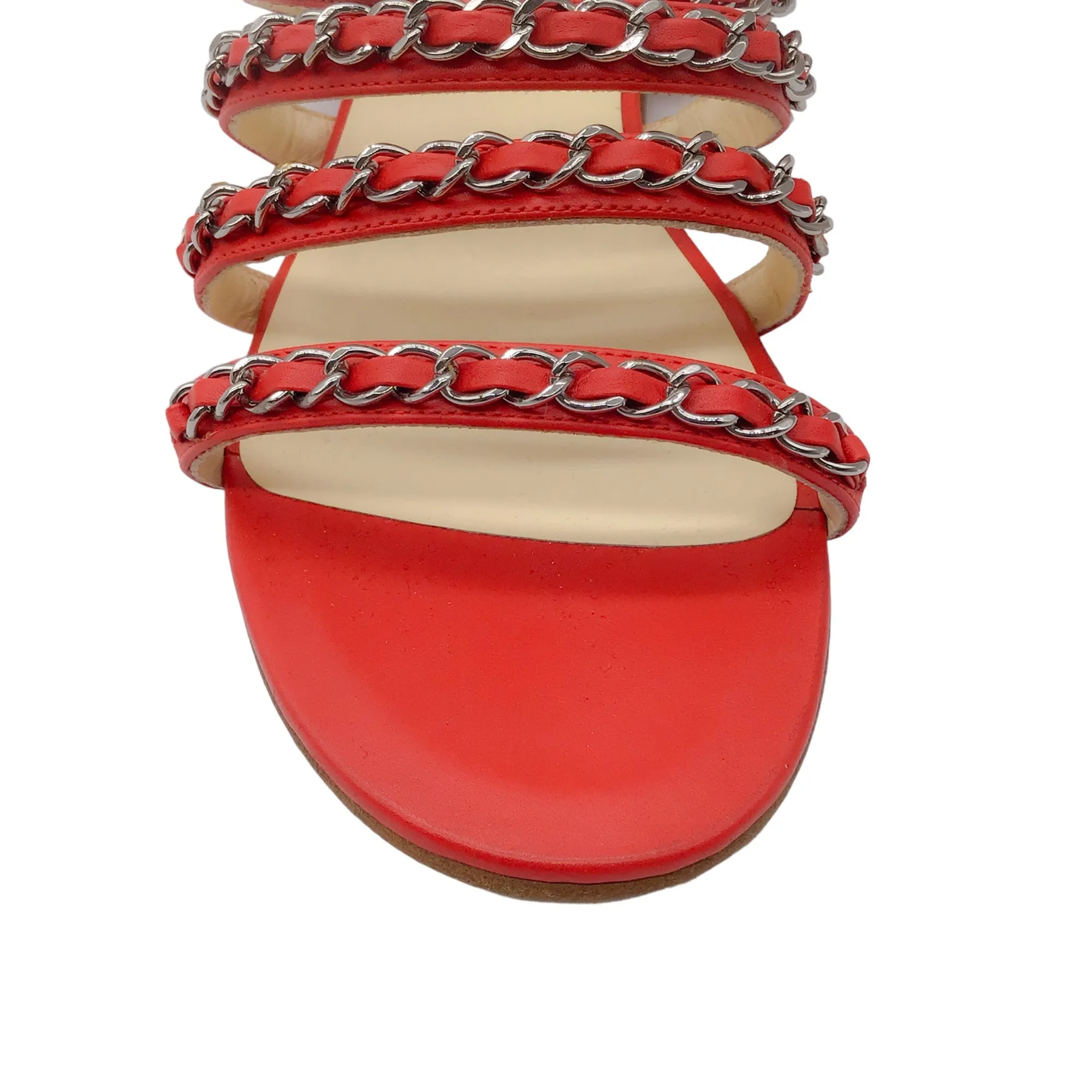 Chanel Red / Silver Chain Detail Lambskin Leather Sandals