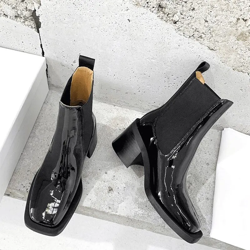 Classic Enamel leather Ankle Boots with 100% Calfskin Lining Handmade Black