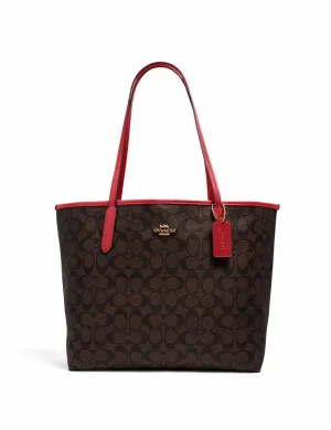 Coach Women's Brown & Red City Tote In Signature Canvas