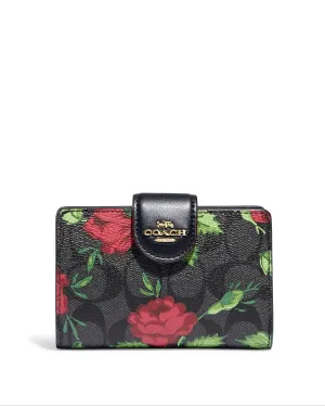 Coach Women's Graphite & Red Multi Medium Corner Zip Wallet In Signature Canvas With Fairytale Rose Print