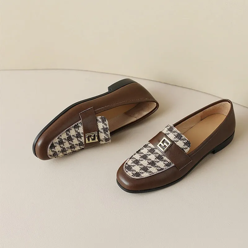 Color Blocking Soft Leather Loafers for Women with Metal in Black/Brown