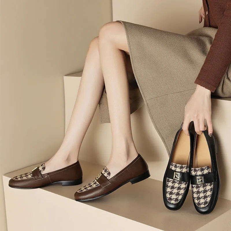 Color Blocking Soft Leather Loafers for Women with Metal in Black/Brown