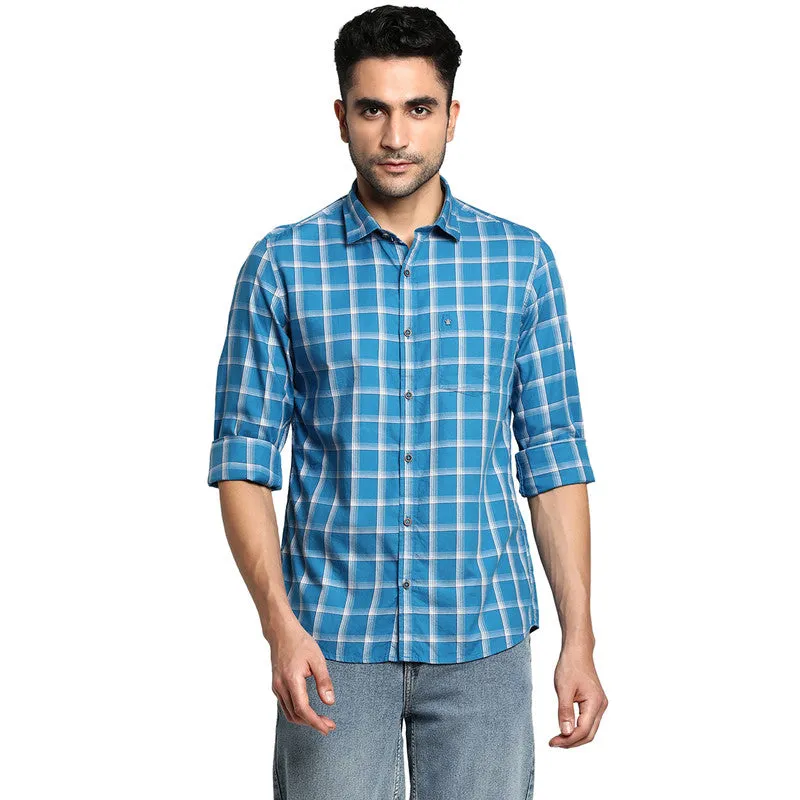 Cotton Blue Slim Fit Checked Casual Shirts