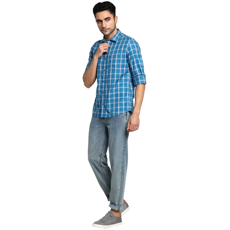 Cotton Blue Slim Fit Checked Casual Shirts