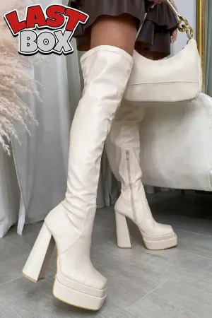 Cream PU Square Toe Block Heel Calf High Stretch Boots