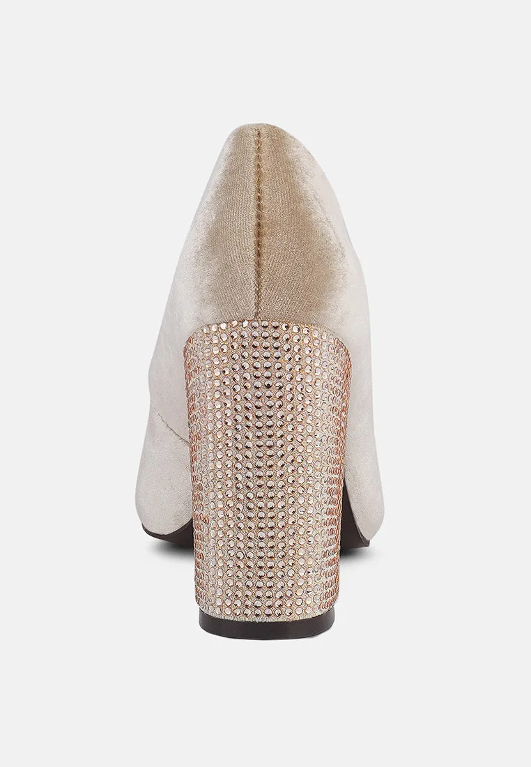 CYBER-GIRL Champagne Rhinestone Block Heeled Pumps