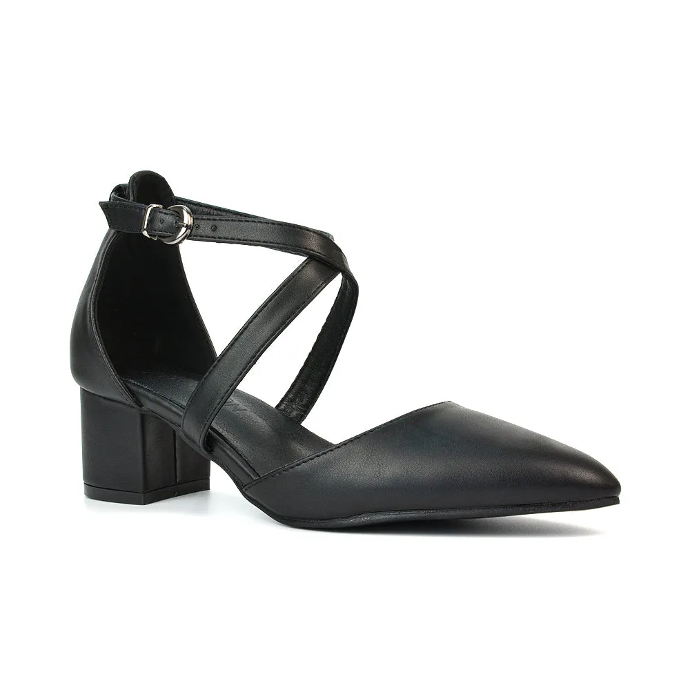 Cynthia Pointed Toe Ankle Strap Mid Block Heels Court Shoes in Black Synthetic Leather