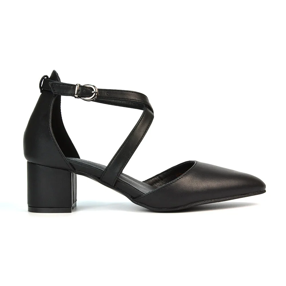 Cynthia Pointed Toe Ankle Strap Mid Block Heels Court Shoes in Black Synthetic Leather