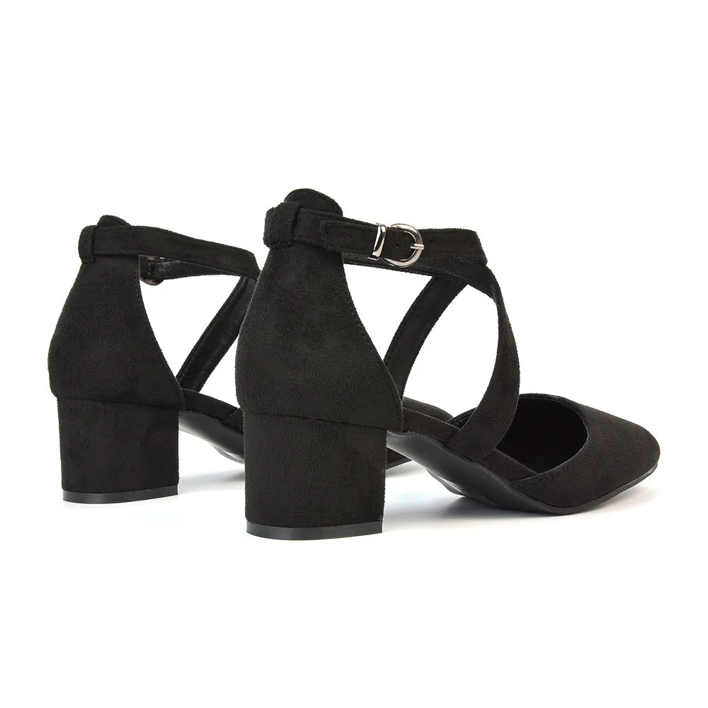 Cynthia Pointed Toe Ankle Strap Mid Block Heels Court Shoes in Black Synthetic Leather