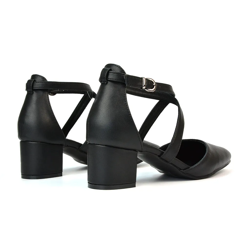 Cynthia Pointed Toe Ankle Strap Mid Block Heels Court Shoes in Black Synthetic Leather