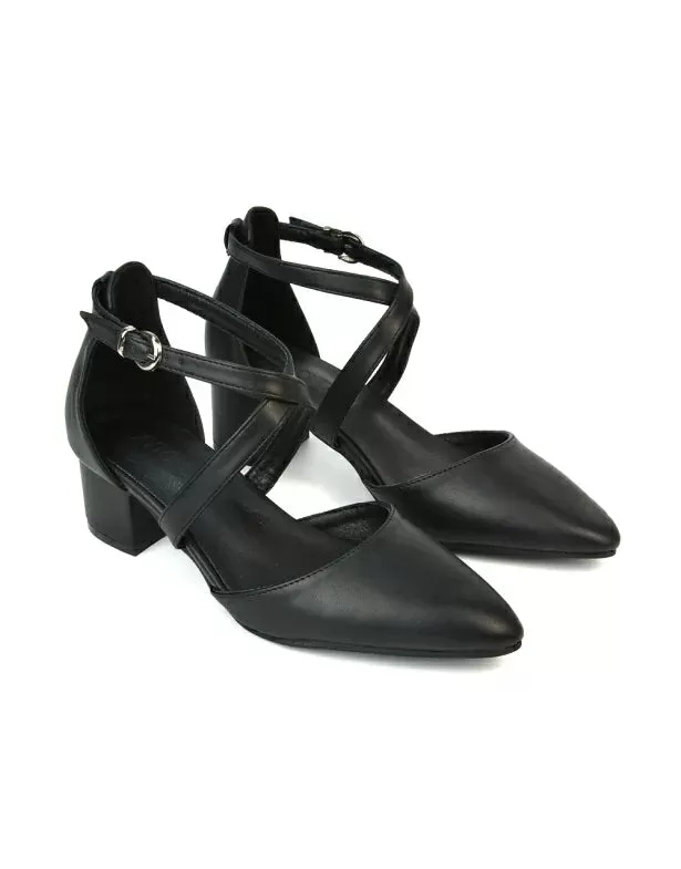 Cynthia Pointed Toe Ankle Strap Mid Block Heels Court Shoes in Black Synthetic Leather