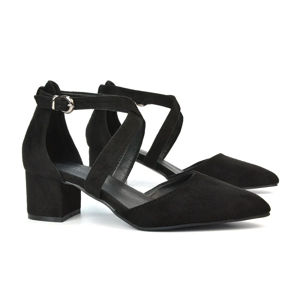 Cynthia Pointed Toe Ankle Strap Mid Block Heels Court Shoes in Black Synthetic Leather