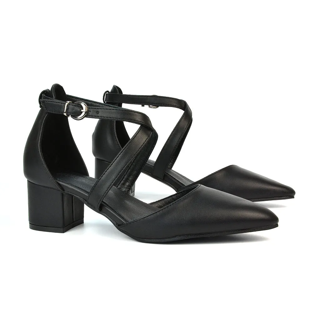 Cynthia Pointed Toe Ankle Strap Mid Block Heels Court Shoes in Black Synthetic Leather