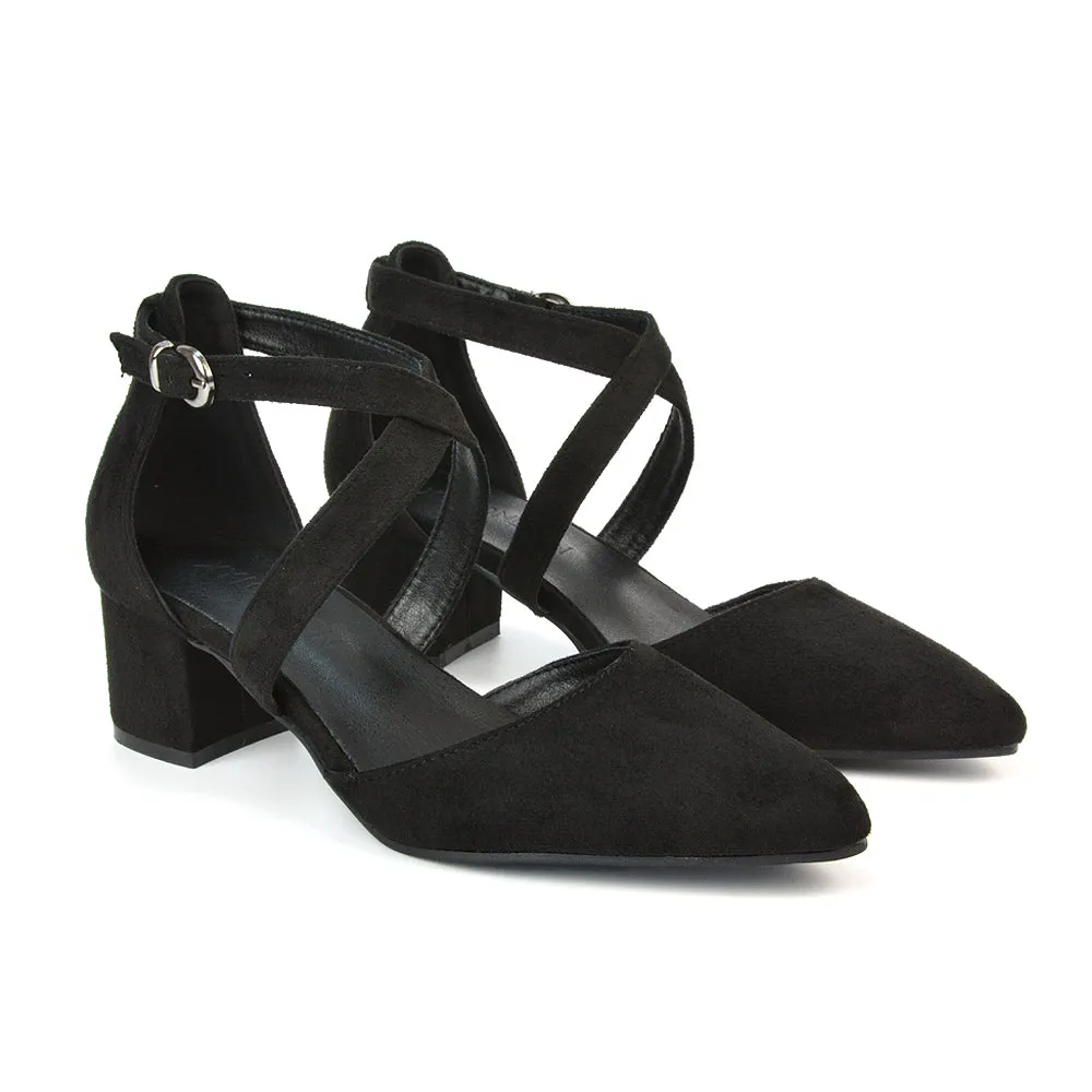 Cynthia Pointed Toe Ankle Strap Mid Block Heels Court Shoes in Black Synthetic Leather