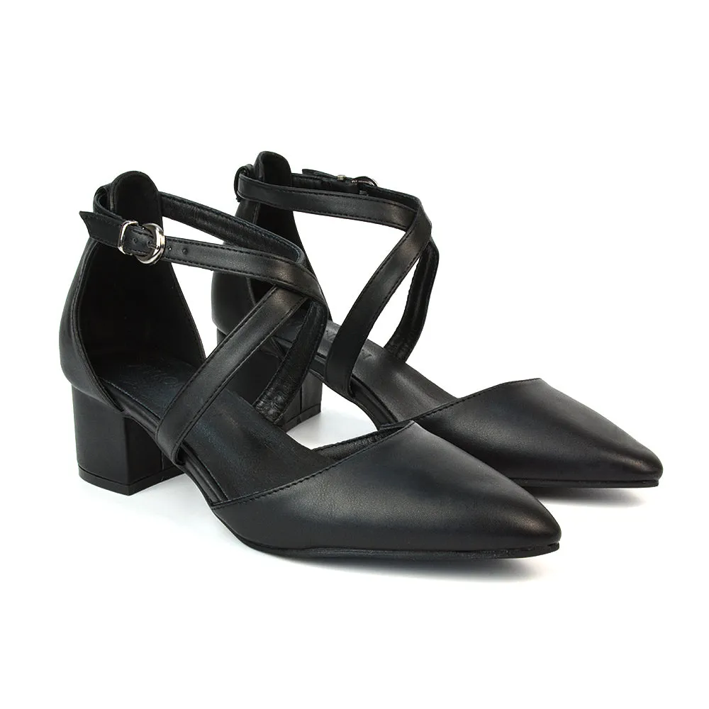 Cynthia Pointed Toe Ankle Strap Mid Block Heels Court Shoes in Black Synthetic Leather