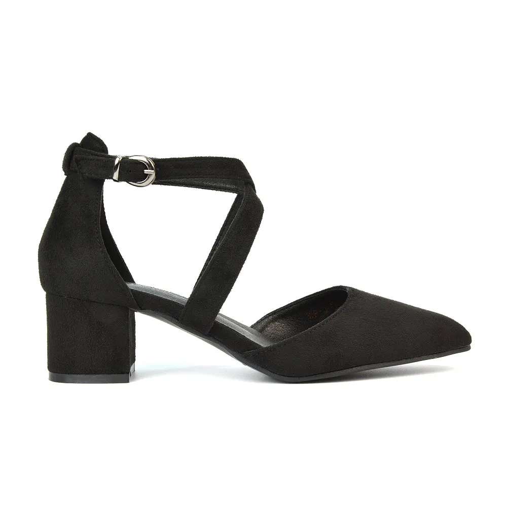 Cynthia Pointed Toe Ankle Strap Mid Block Heels Court Shoes in Black Synthetic Leather