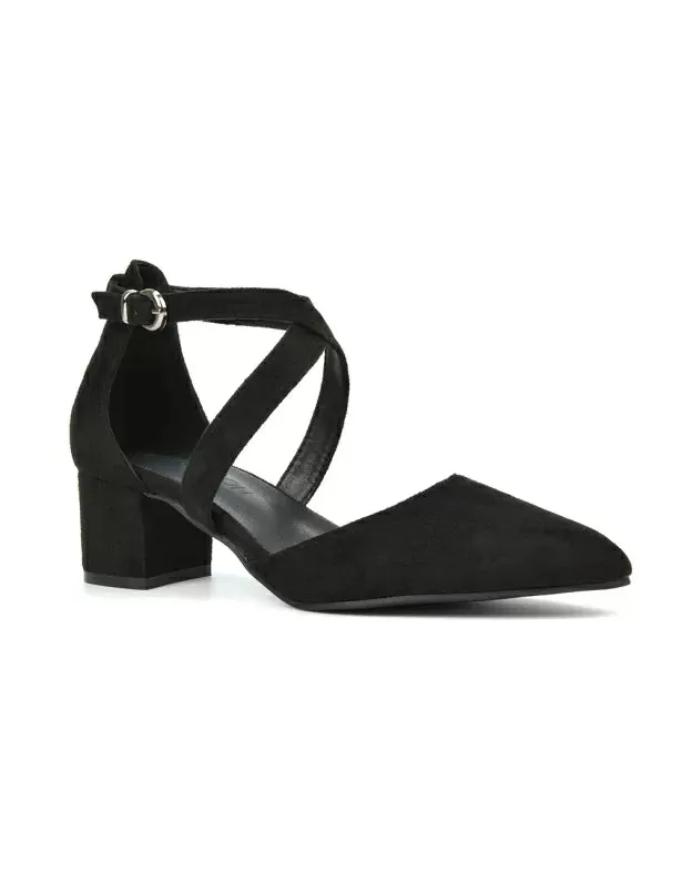 Cynthia Pointed Toe Ankle Strap Mid Block Heels Court Shoes in Black Synthetic Leather