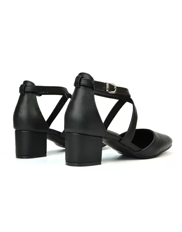 Cynthia Pointed Toe Ankle Strap Mid Block Heels Court Shoes in Black Synthetic Leather