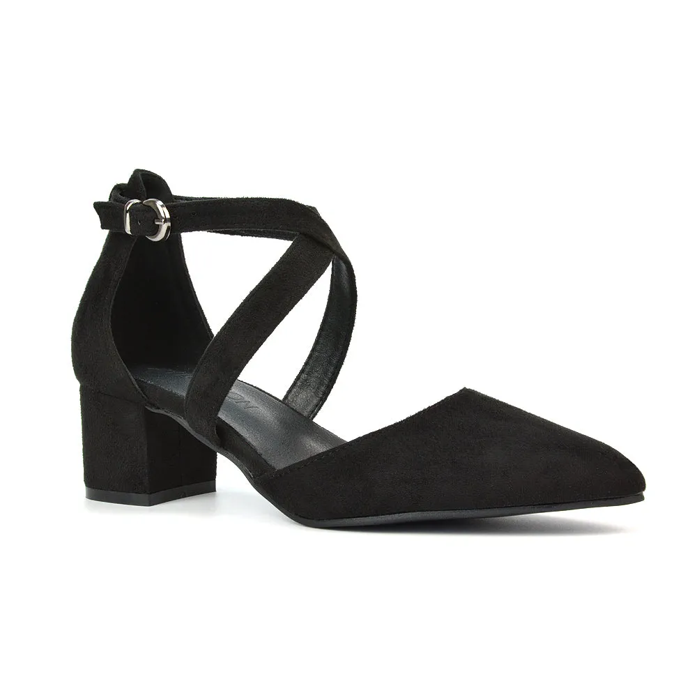 Cynthia Pointed Toe Ankle Strap Mid Block Heels Court Shoes in Black Synthetic Leather