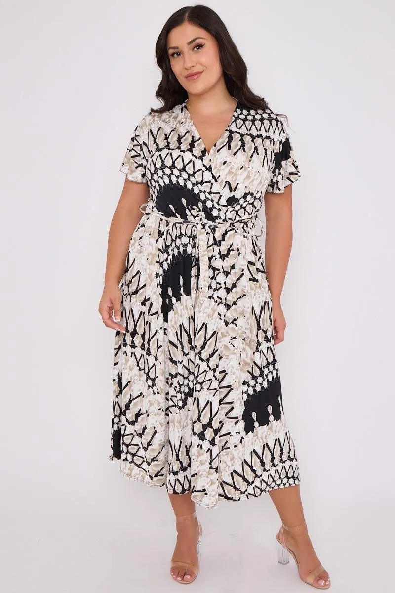 Dani Faux Wrap Dress in Cream and Black Print