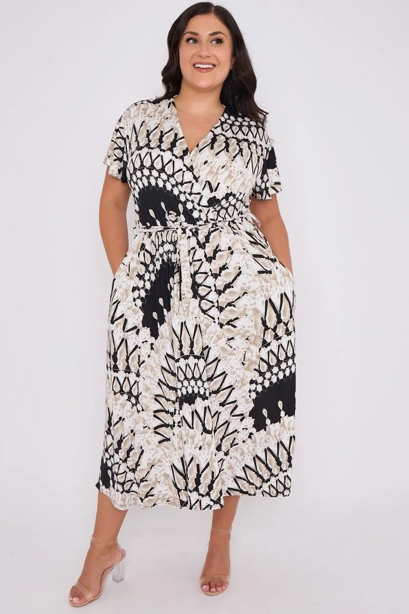 Dani Faux Wrap Dress in Cream and Black Print